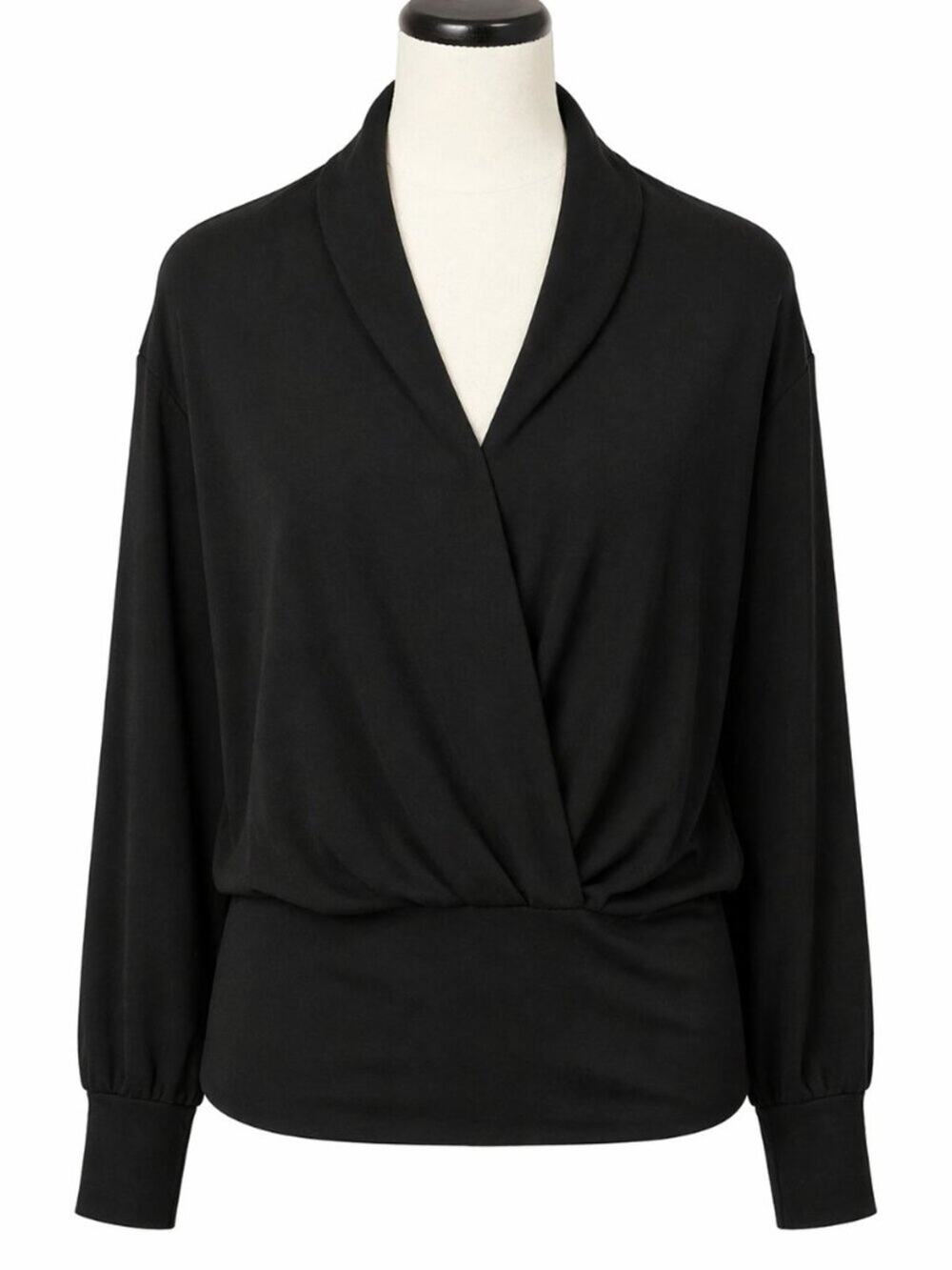 OGL Eco-Mousse Top Womens Size Medium Black Draped Surplice Long Sleeve NWT